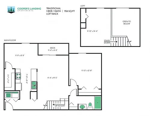 Floor plan 1 Bed, 1 Bath Loft - 956 sq ft