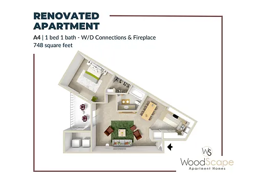 Floor plan A4 (W/D Connections and Fireplace) Renovated