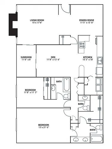 Floor plan 2BR 2.5BA (1900 SF)