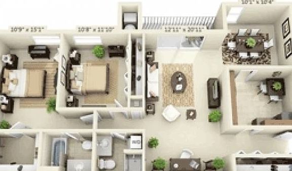 2 Bedroom Floor Plan 3D