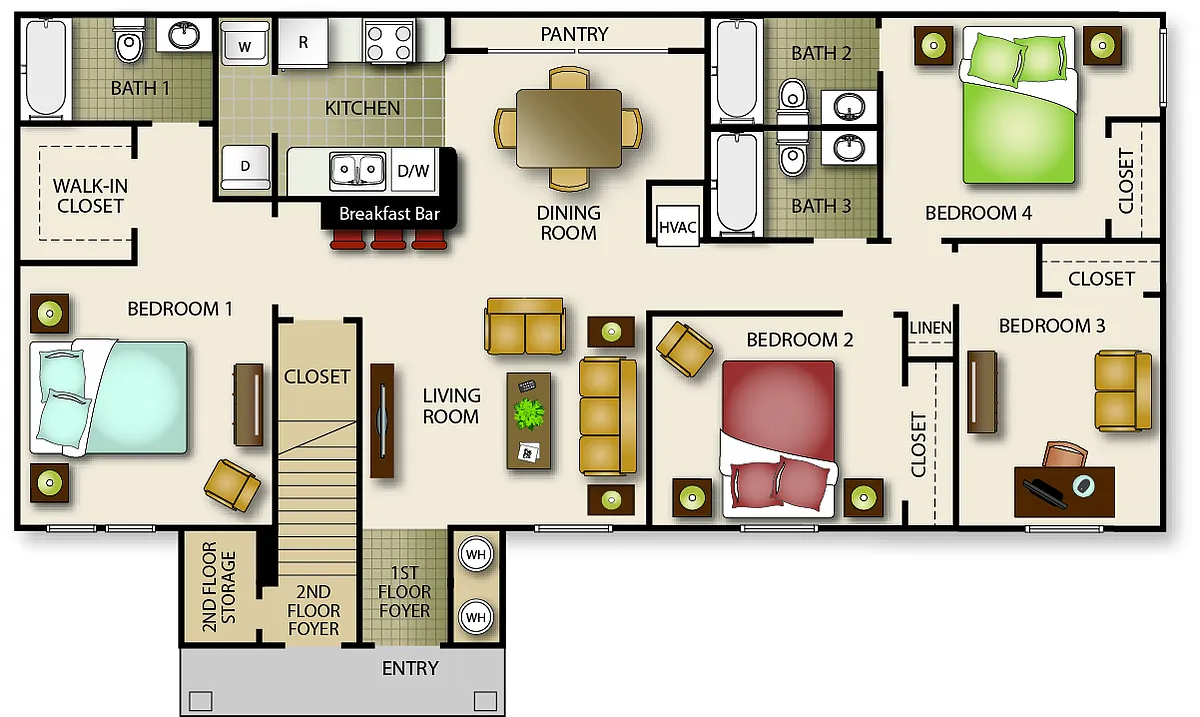 Floor plan Four Bedroom Three Bath