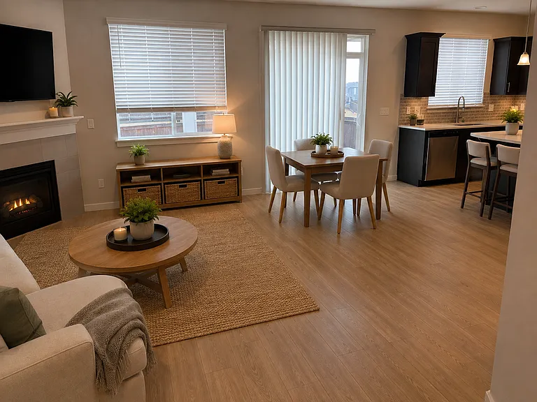 FAMILY ROOM - KITCHEN FROM ENTRY HALLWAY - AI ENHANCED