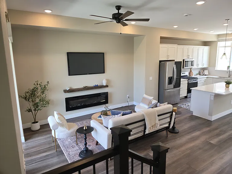 Open concept middle level with living room and kitchen