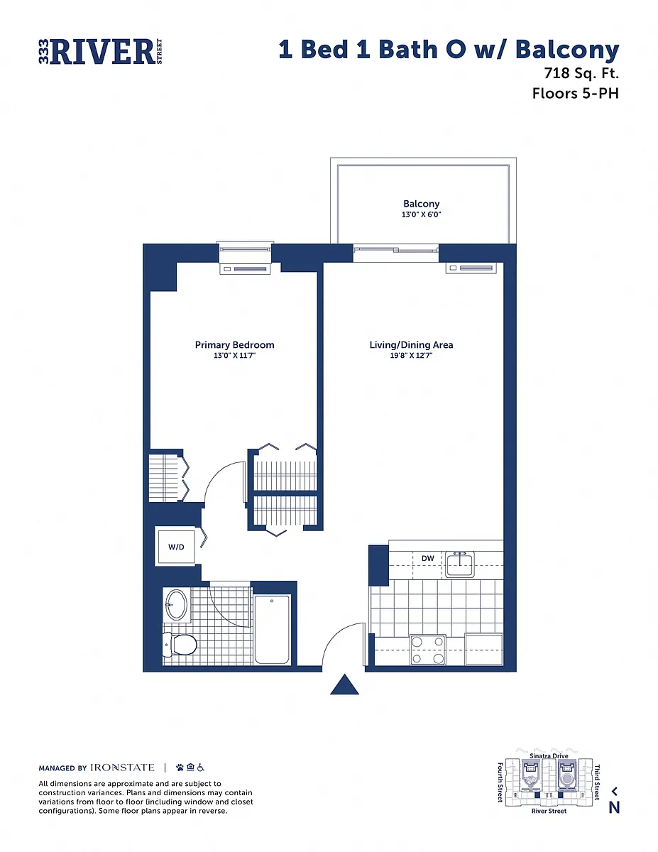 Floor plan 1 Bed 1 Bath O with Balcony