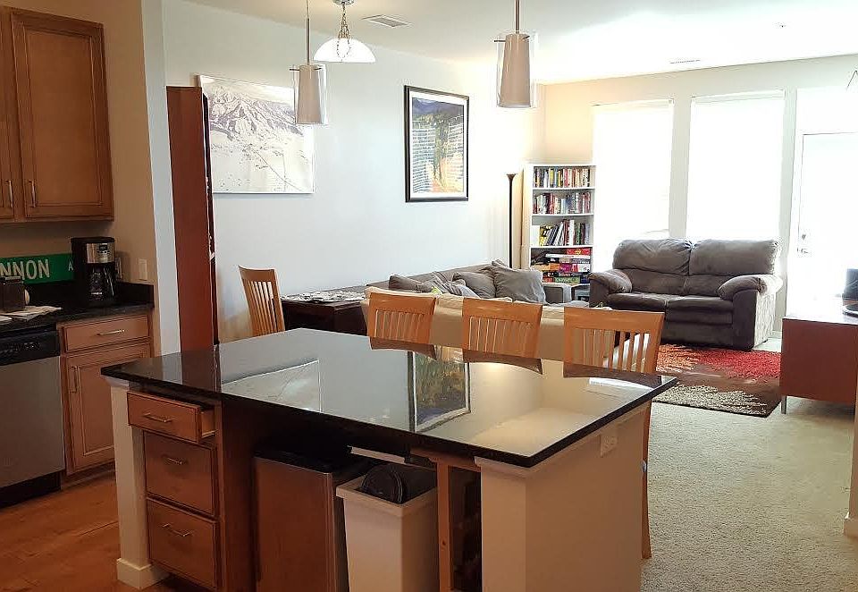 Kitchen view into living room