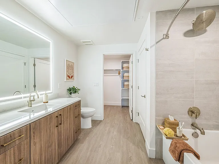 Bathroom with backlit vanity, soaking tub and walk-in closet