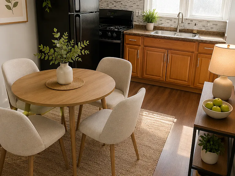 Kitchen. 
AI utilized to show tenants ideas for furniture placement.