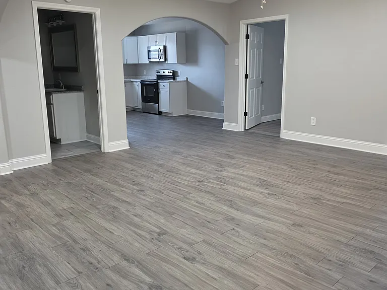 View from entry way with step up