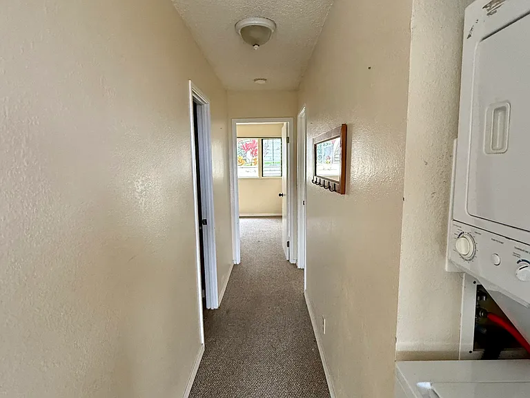 hallway leads to hall bath, bedroom at end, master bedroom and bath. You can see the washer dryer.