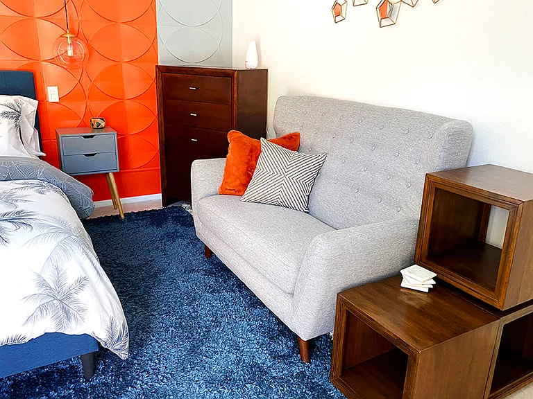 Orange Bedroom: California King size bed, ensuite bathroom, pool view and access
