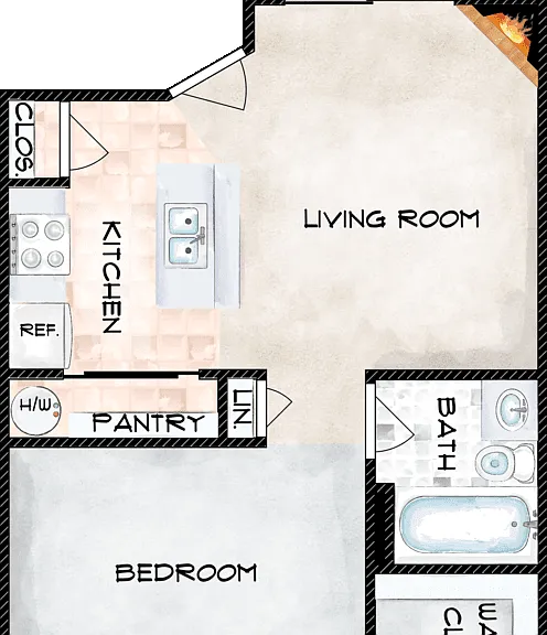 1 Bed 1 Bath Floorplan Diagram