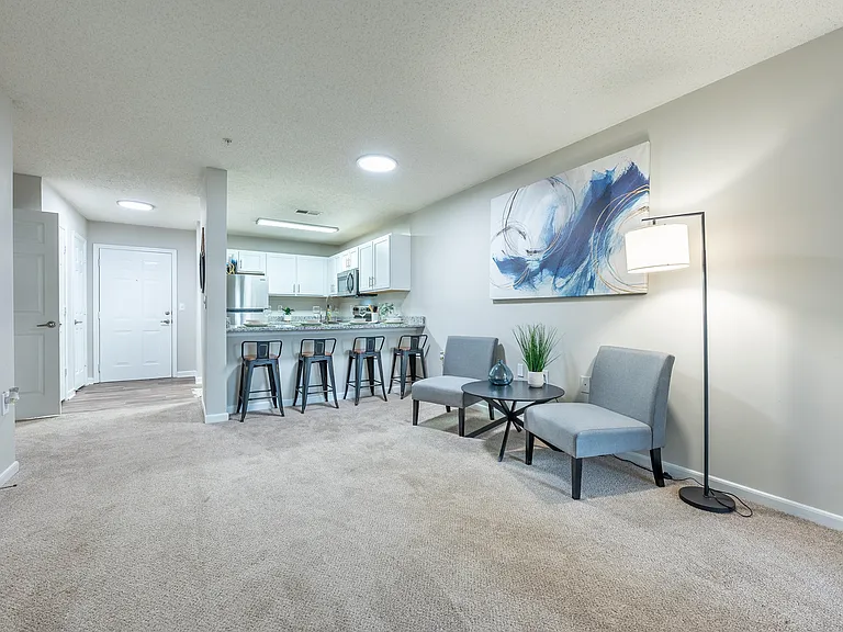 Spacious living room with carpet