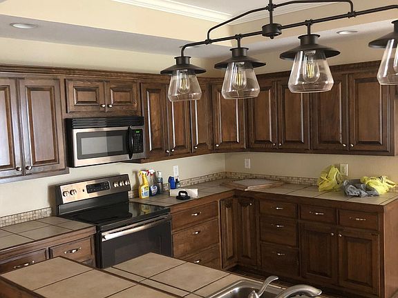 Kitchen Island and antique light fixture (LED bulbs!)