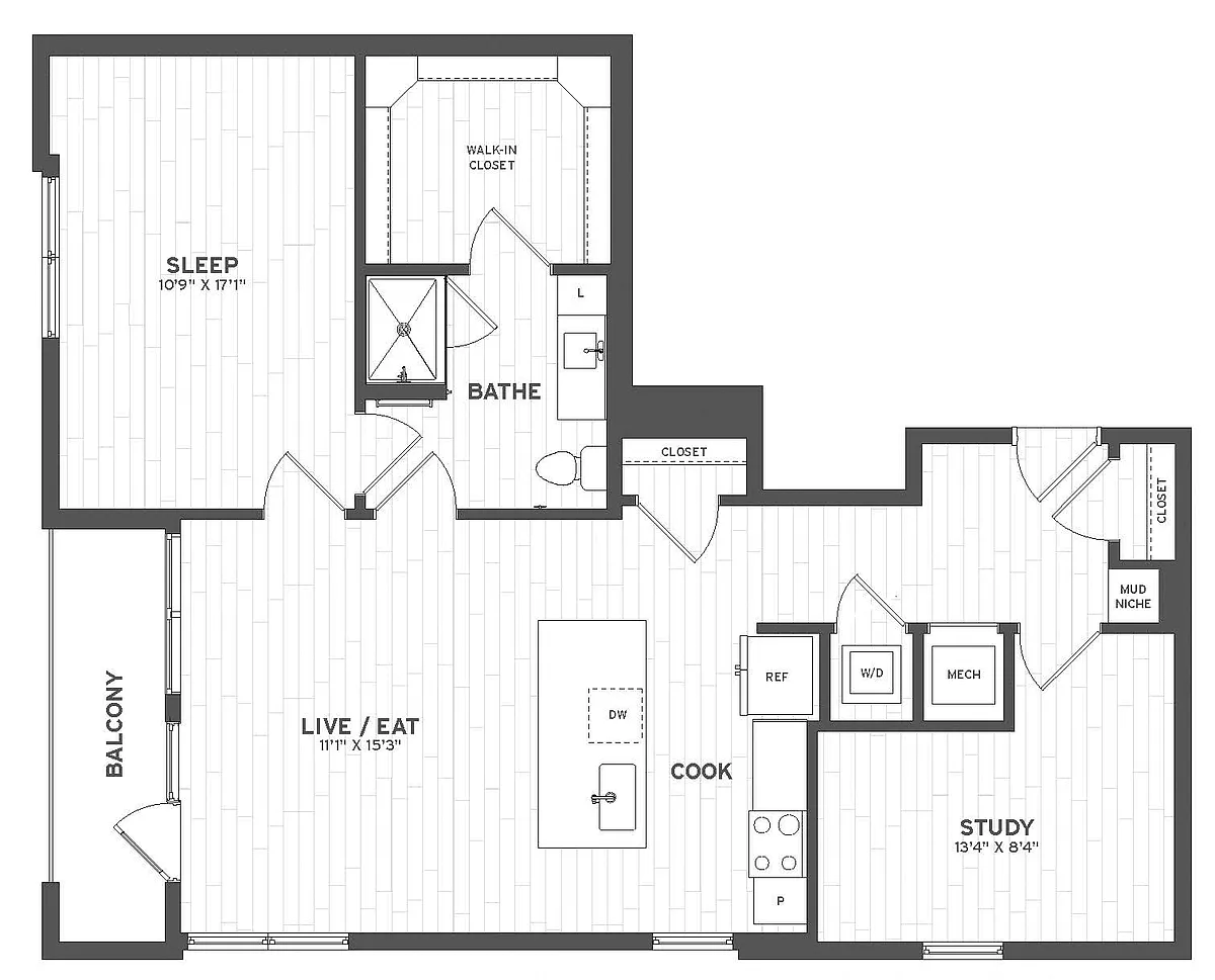 Floor plan 1 Bed/1 Bath Den-A8