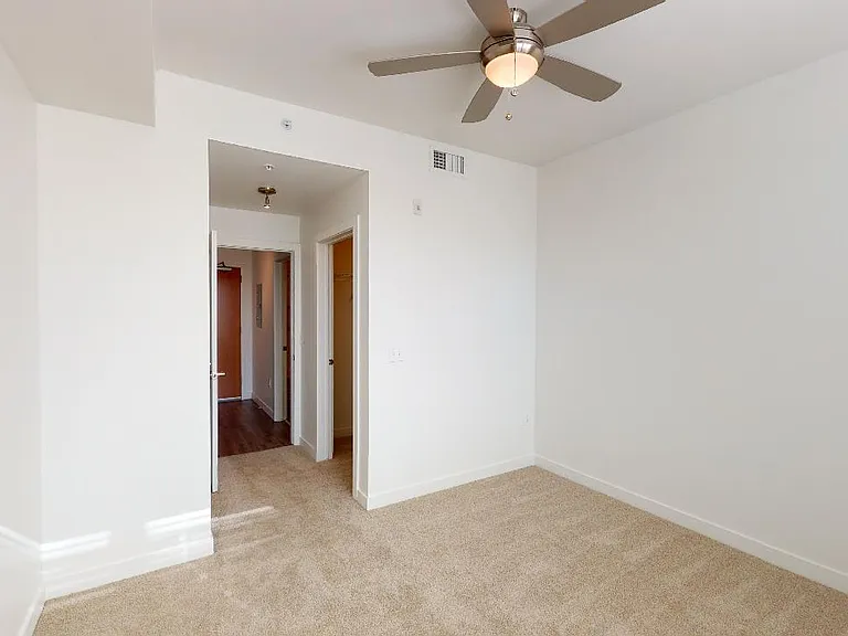 Spacious apartment bedroom with large closet and plush carpet flooring.