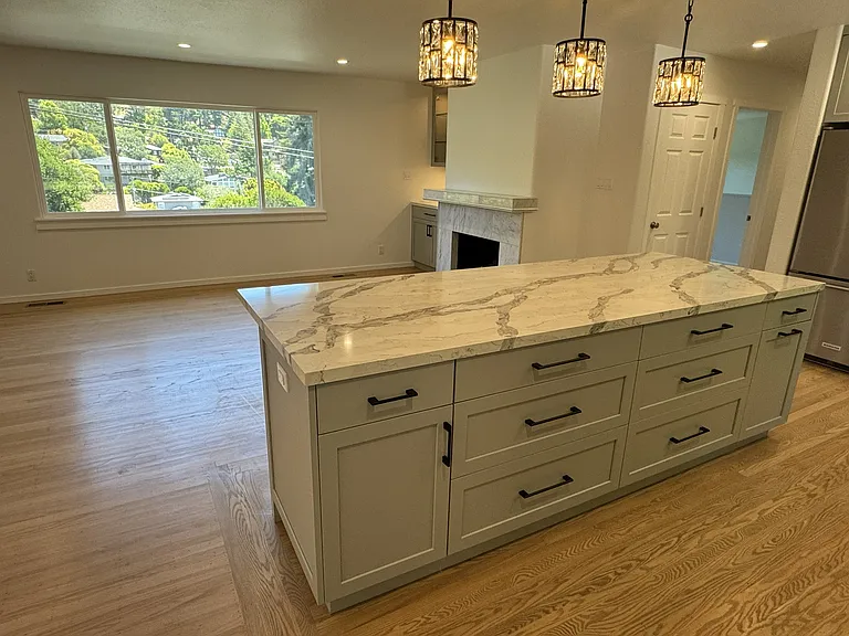 Kitchen Island and Living Room