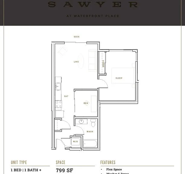 Explore The Sawyer's modern 1-bedroom apartment design with a spacious deck and flex space. Explore The Sawyer's modern 1-bedroom apartment design with a spacious deck and flex space.