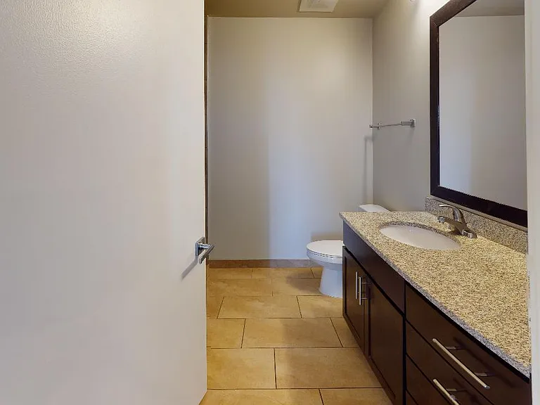 Apartment bathroom with wood-style flooring.