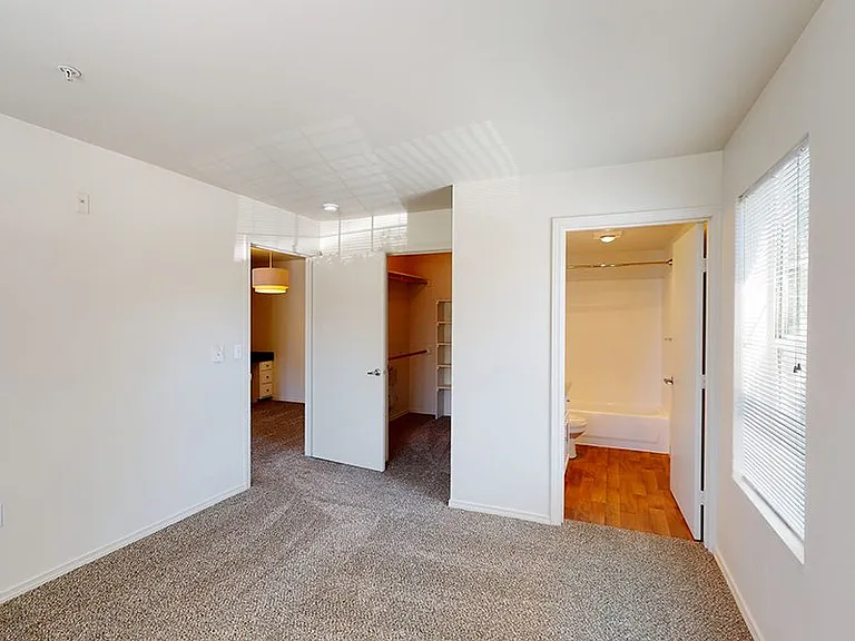 Spacious apartment bedroom with large closet, attached bathroom and plush carpet flooring.