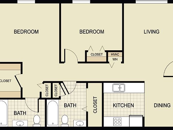 Inviting floor plan showcasing 2 spacious bedrooms, an expansive living area, modern kitchen, and 2 stylish bathrooms, ideal for comfortable living. Inviting floor plan showcasing 2 spacious bedrooms, an expansive living area, modern kitchen, and 2 stylis