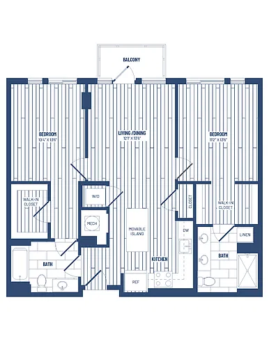 Floor plan 2 Bed/2 Bath-H2A-Balcony