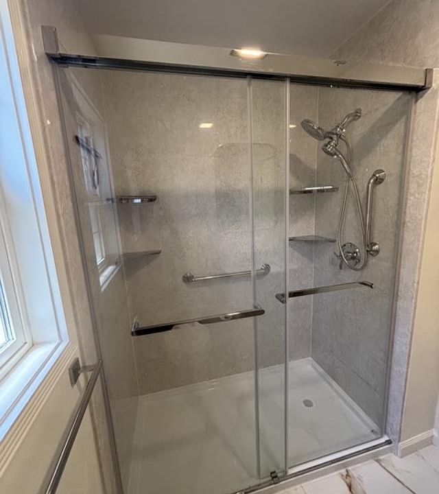 New Walk-in Shower in entirely renovated bathroom.