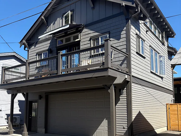 Two dedicated off-street parking spaces. One in the driveway to the right of the garage and one in front of the garage. Garage space in not included