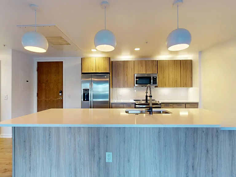 Apartment kitchen with stainless steel appliances, quartz countertops and wood-style flooring.