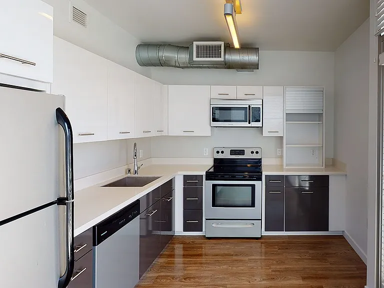 Apartment kitchen with stainless steel appliances, quartz countertops and wood-style flooring.
