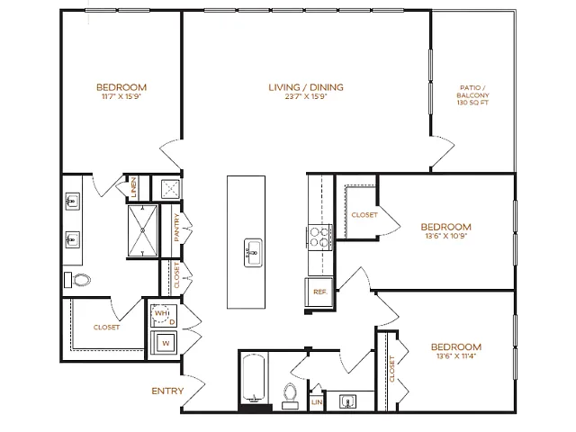 Floor plan 3 Bed, 2 Bath B