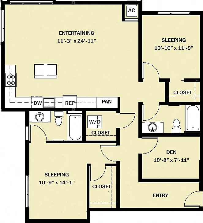 Floor plan 2 Bedroom 2 Bath Den C1