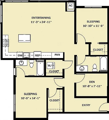 Floor plan 2 Bedroom 2 Bath Den C1