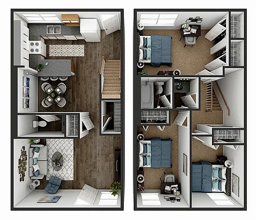 Floor plan Three Bedroom One and a Half Bathroom Townhome 1