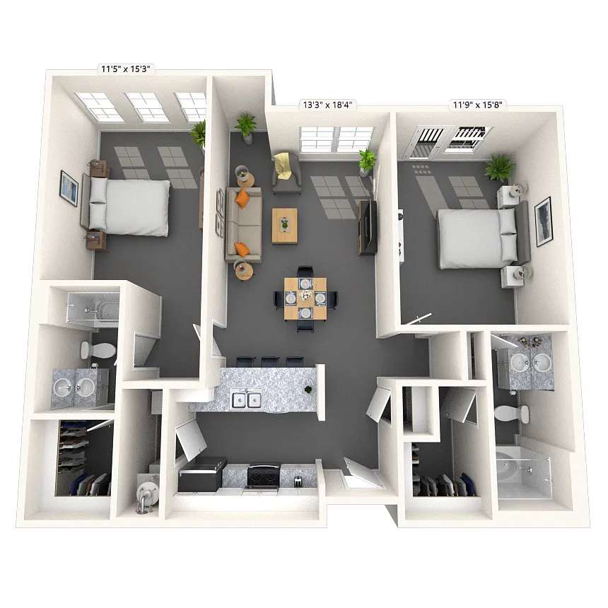 Floor plan Traditional 2x2 1008-1142 SF
