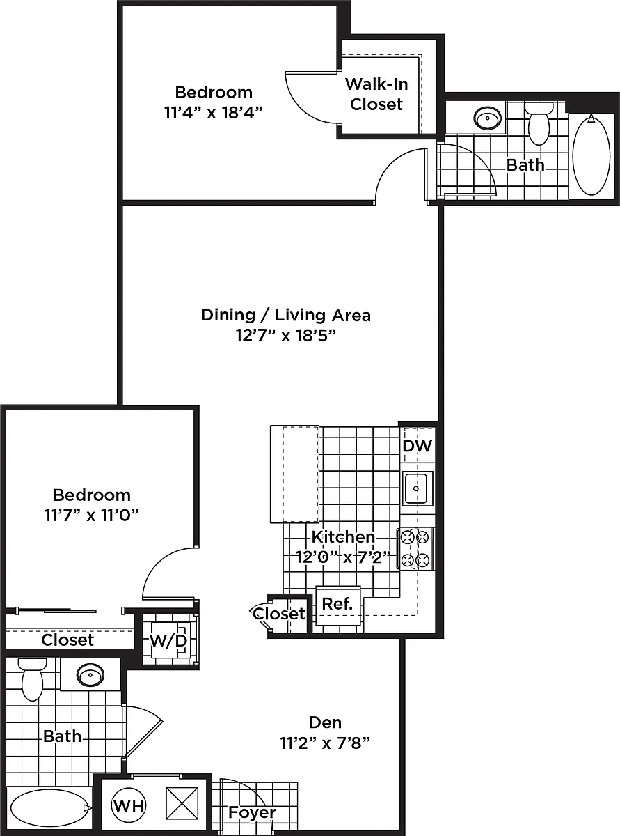 Floor plan 2 Bedroom 2 Bath + Den - BD2 Affordable 80%