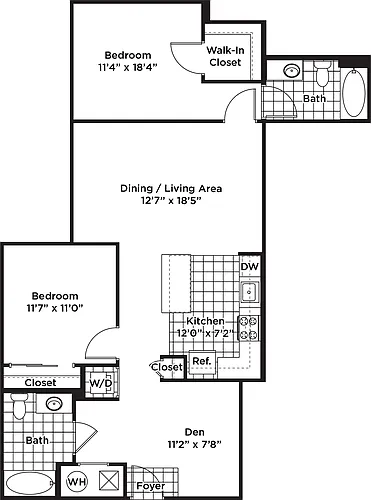 Floor plan 2 Bedroom 2 Bath + Den - BD2 Affordable 80%