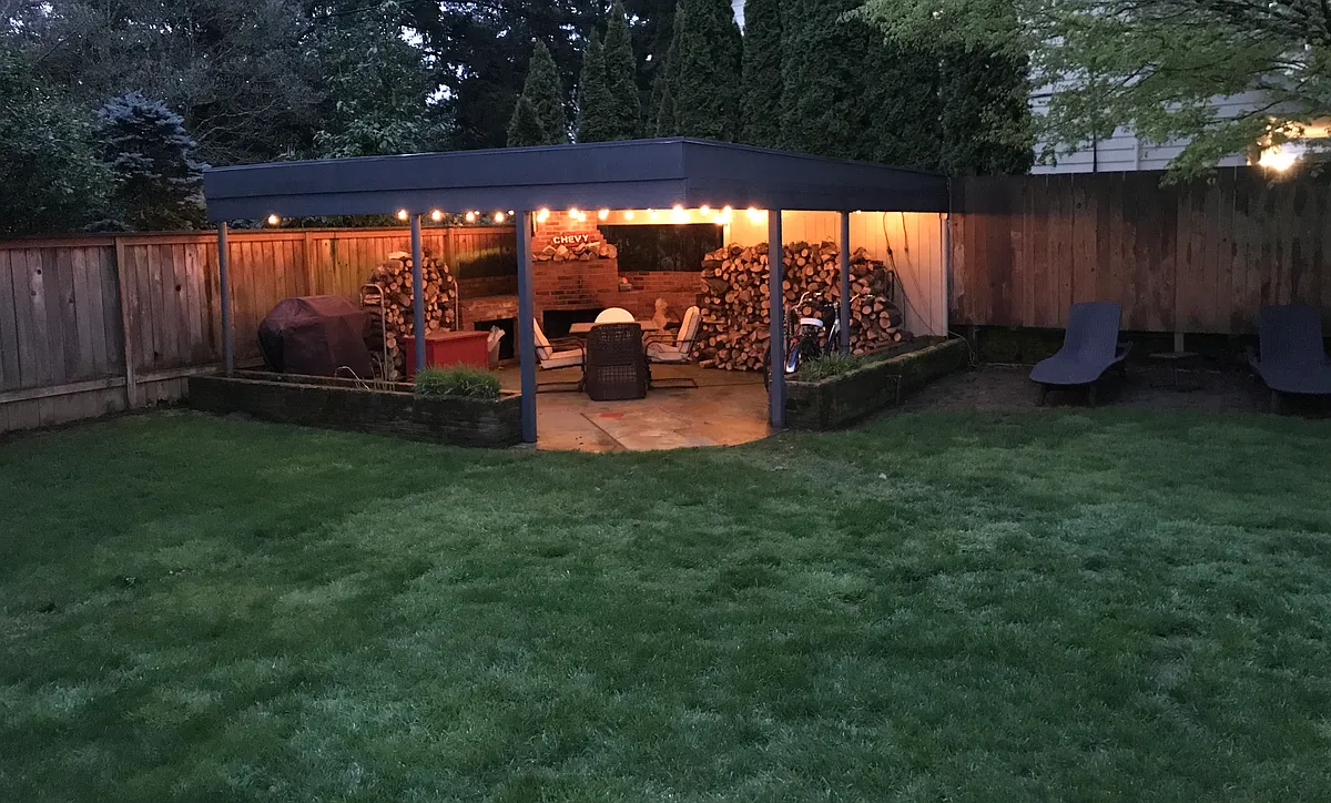Fully fenced in Backyard with a 20' x 20' covered patio with fireplace, wood to burn, propane grille, plenty of furniture to get comfy cozy on. - 1043 NE 107th Pl