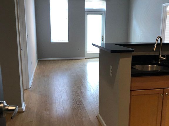 Picture of living area, taken from entrance. The back door is a private balcony. Immediately left of the kitchen counter is a coat closet.