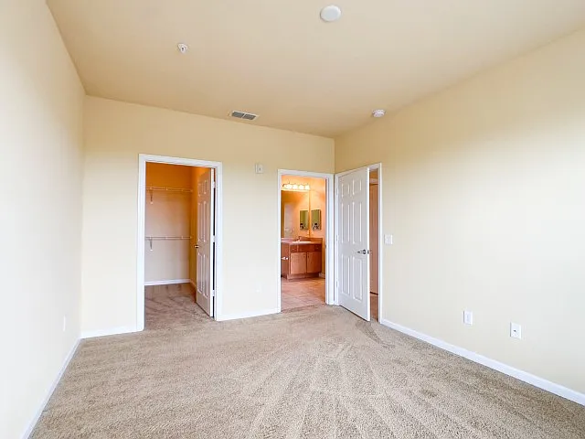 Large Bedroom with Lush Carpet, Walk in Closet, and En Suite Bathroom Large Bedroom with Lush Carpet, Walk in Closet, and En Suite Bathroom