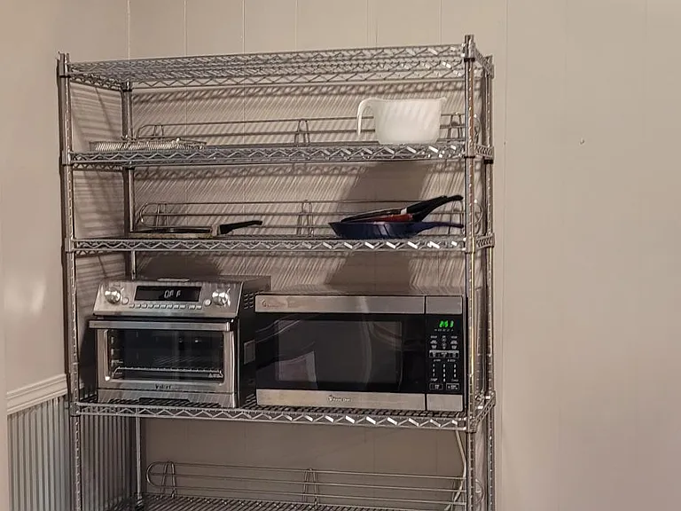 Pantry storage and Microwave, Air fryer to open up counter space.