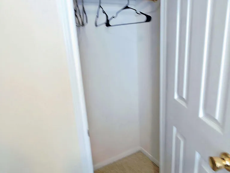 Compact reach-in closet with hanging rod and upper shelf, offering convenient storage just off the room.