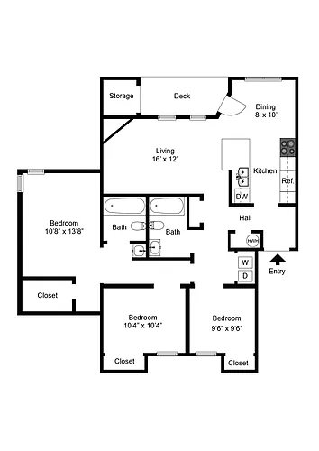 Floor plan Three Bedroom Two Bath (1148 SF)