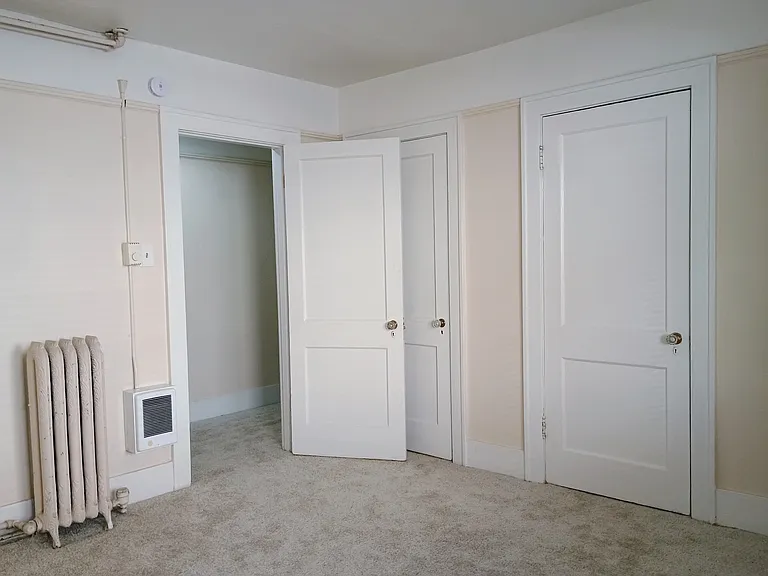 Bedroom facing the hallway with a walk-in closet. (Bedroom, closet, and bathroom doors pictured).