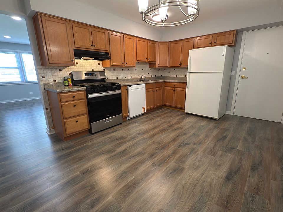 Spacious kitchen with modern vinyl plank flooring, ample cabinet storage, gas range, new dishwasher, full-size fridge.