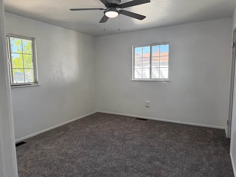 The primary bedroom features a spacious walk-in closet, updated carpeting, modern light fixtures, and upgraded electrical outlets, creating a comfortable and refreshed private retreat.