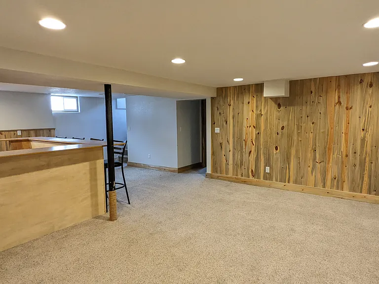Basement Living Room & Bar, Custom wood walls