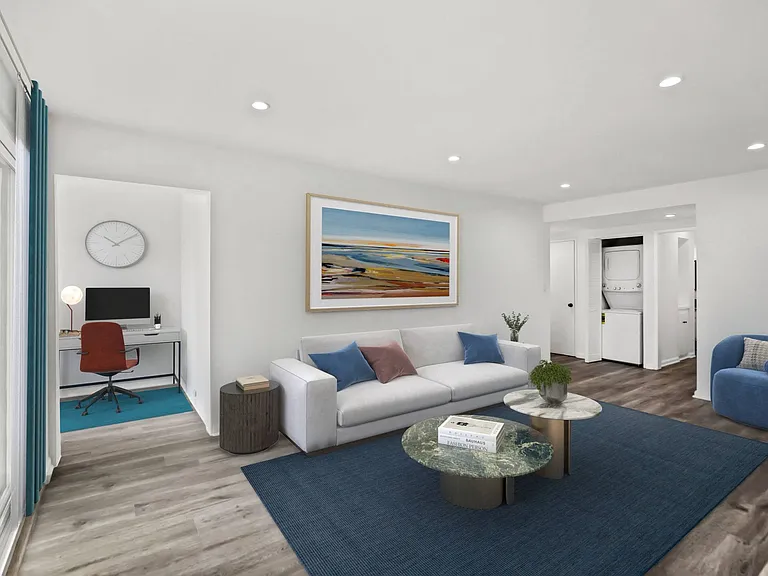 Living Room with Office Space and In-Suite Washer & Dryer