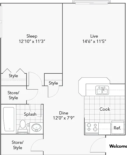 Elmwood | 1-Bedroom Floorplan Elmwood | 1-Bedroom Floorplan