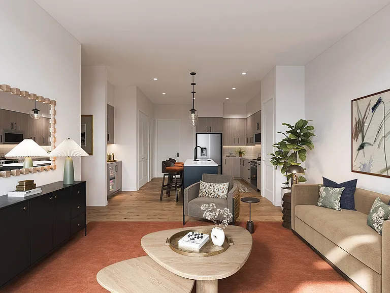 Apartment living rooms & kitchens with beverage centers or desks