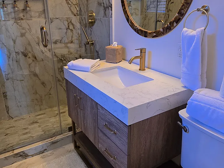 Tortoiseshell vanity mirror, large slab porcelain shower with custom glass surround and showering wand.
